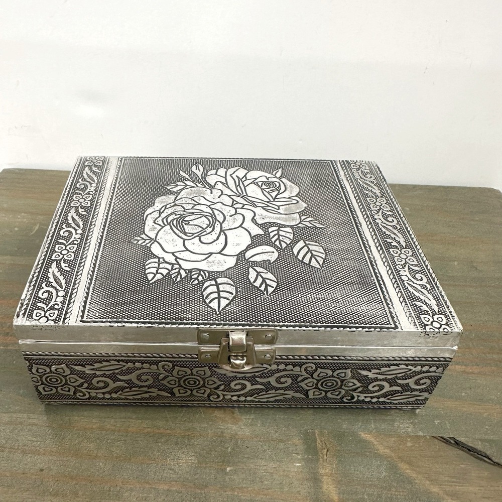 Vintage Silver Tone Hand Embossed Metal Jewelry Box Velvet Lined Rose Floral 7"